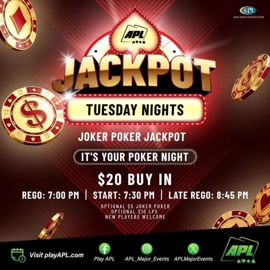 Join us at BLC for APL Poker every Tuesday.
Late Lunch session with $15 buy in, registration from 12