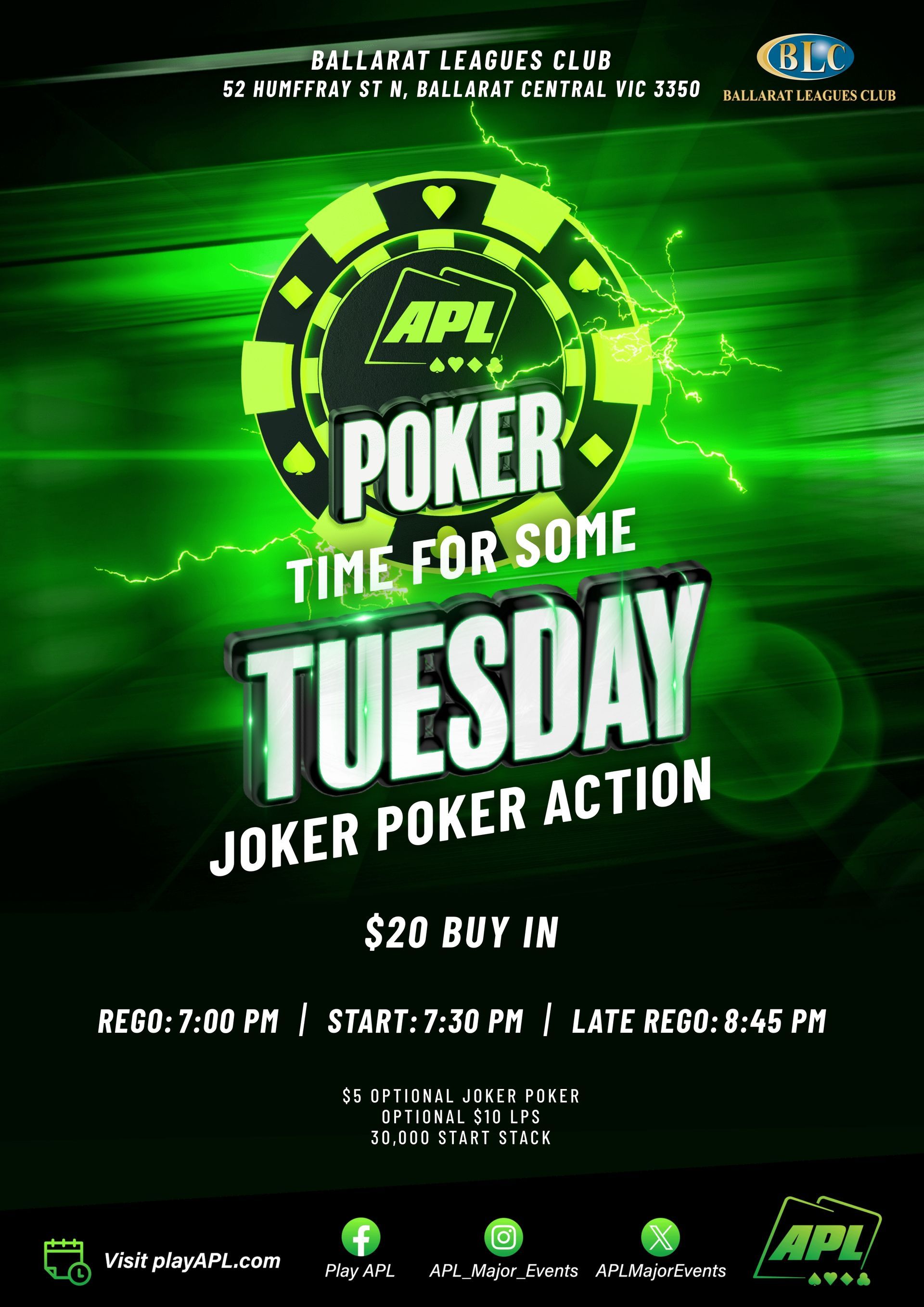 Poker at BLC Tuesdays. Rego 6.30pm. Start 7.30pm