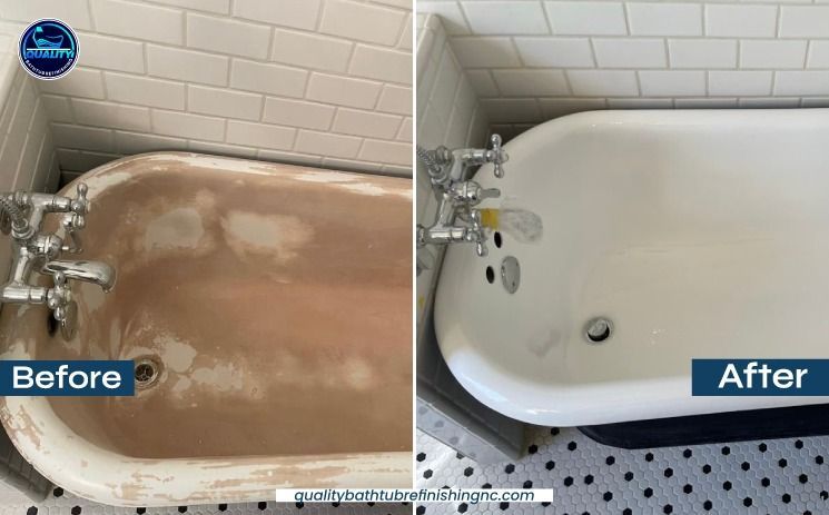 Before and after of a clawfoot bathtub resurfacing, showing brown, chipped finish transformed to a clean, white enamel.