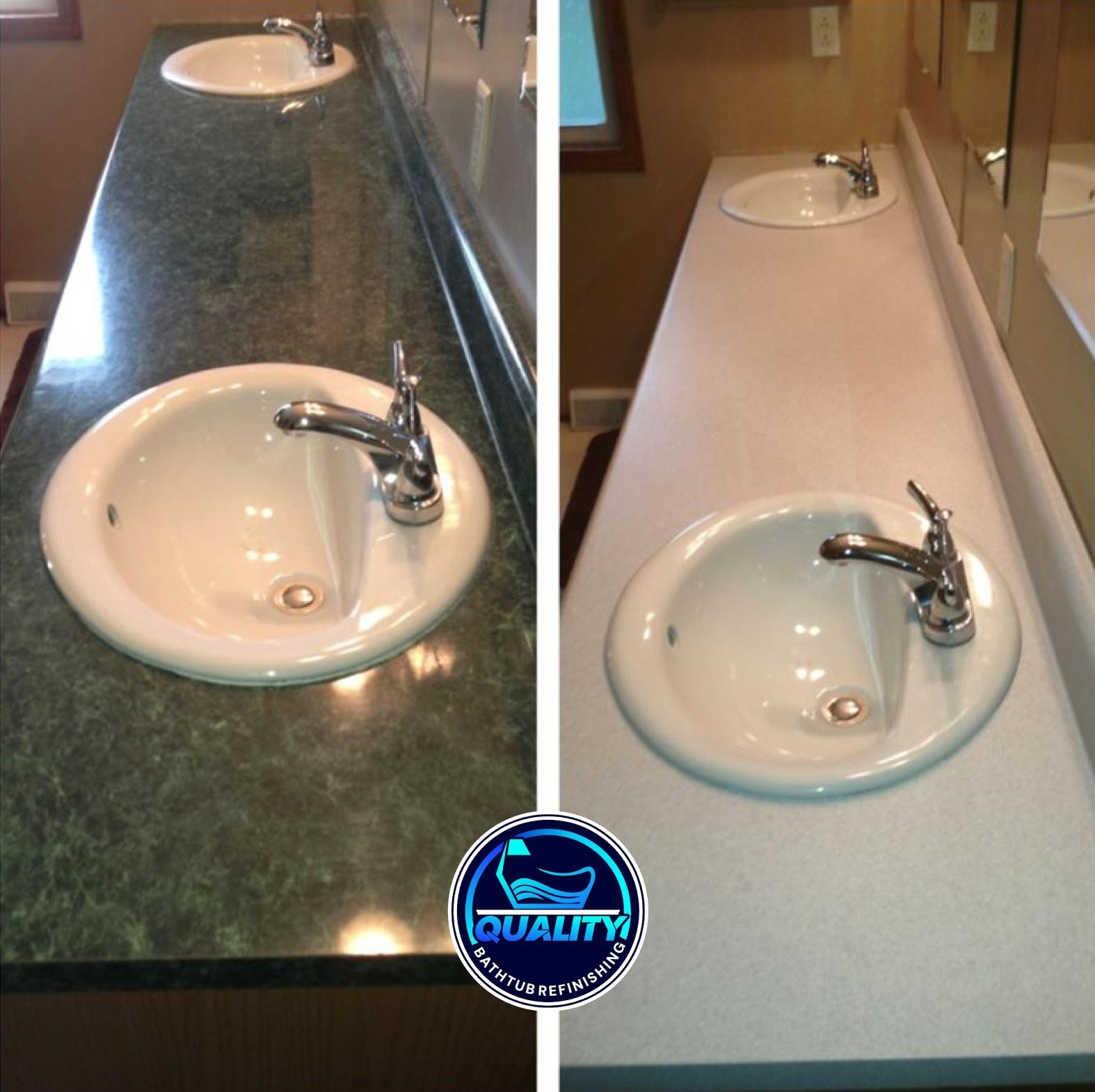 Before and after of a bathroom counter makeover. Green speckled to white solid surface, with sinks.
