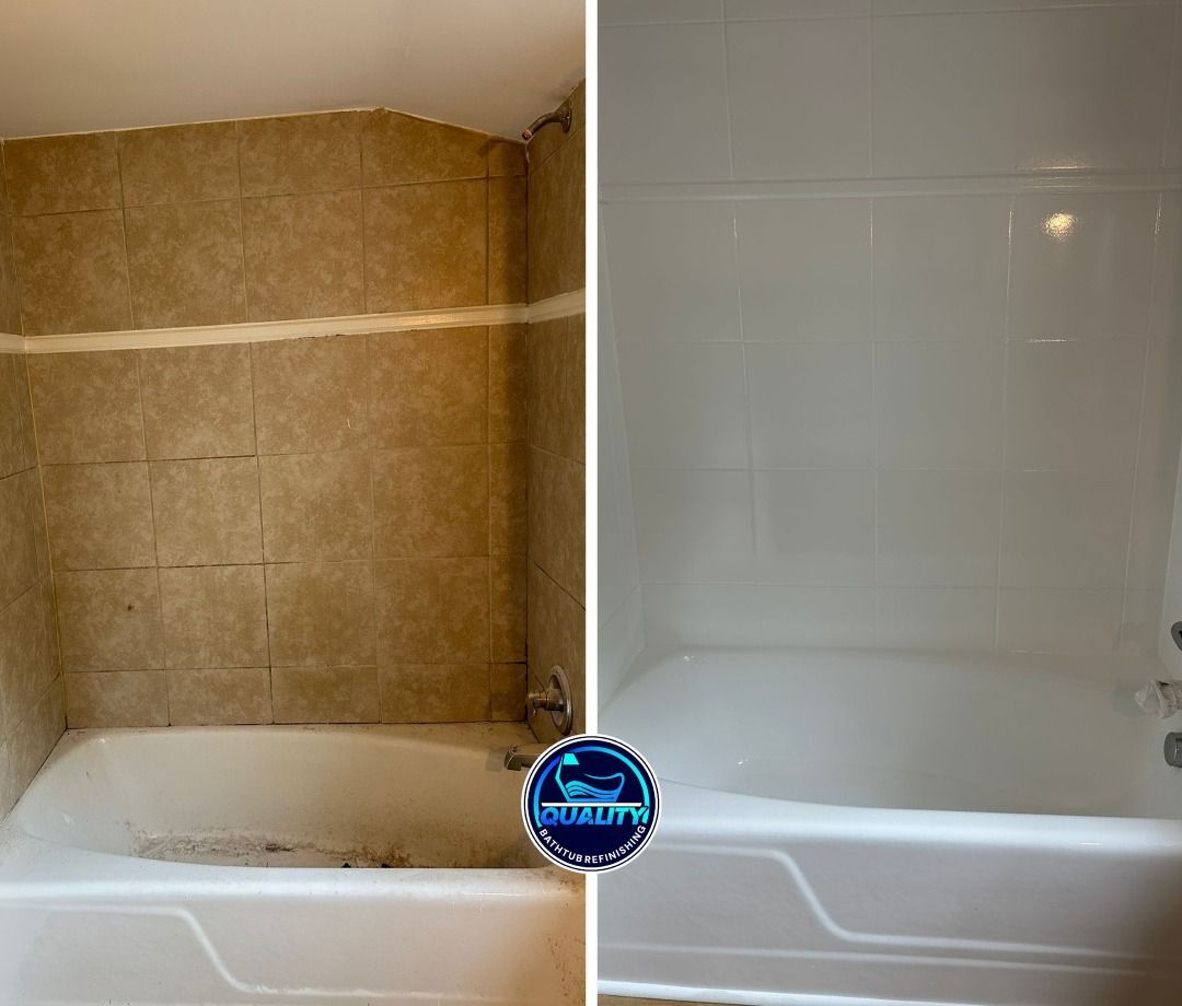 Before-and-after of a tub and shower. Beige tile before, clean white after.
