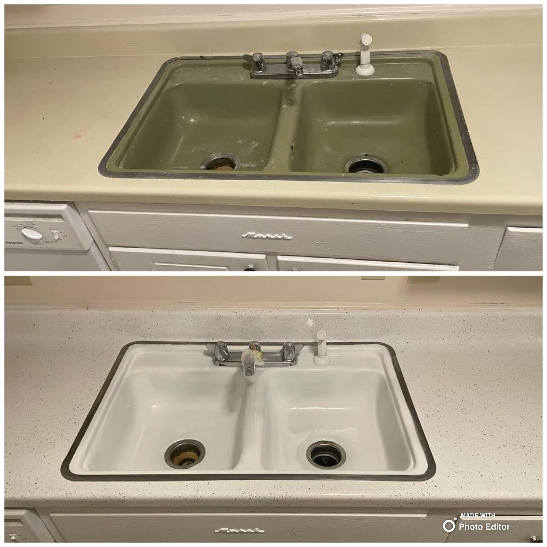 Before and after of a kitchen sink. Green sink before, white sink after, set in off-white countertop.