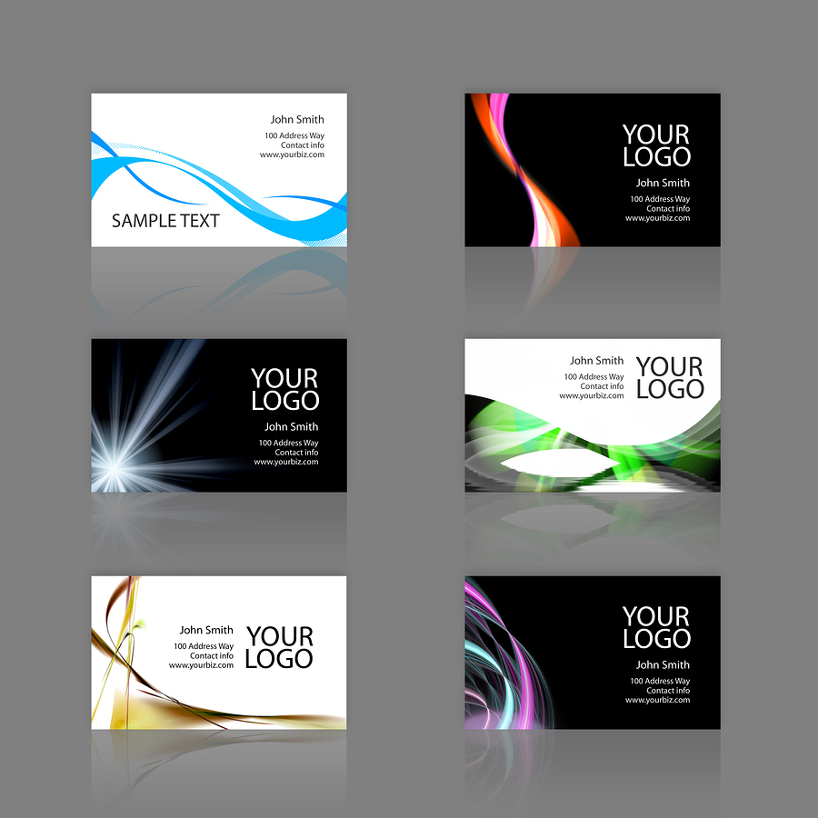Six business cards with abstract colorful designs.