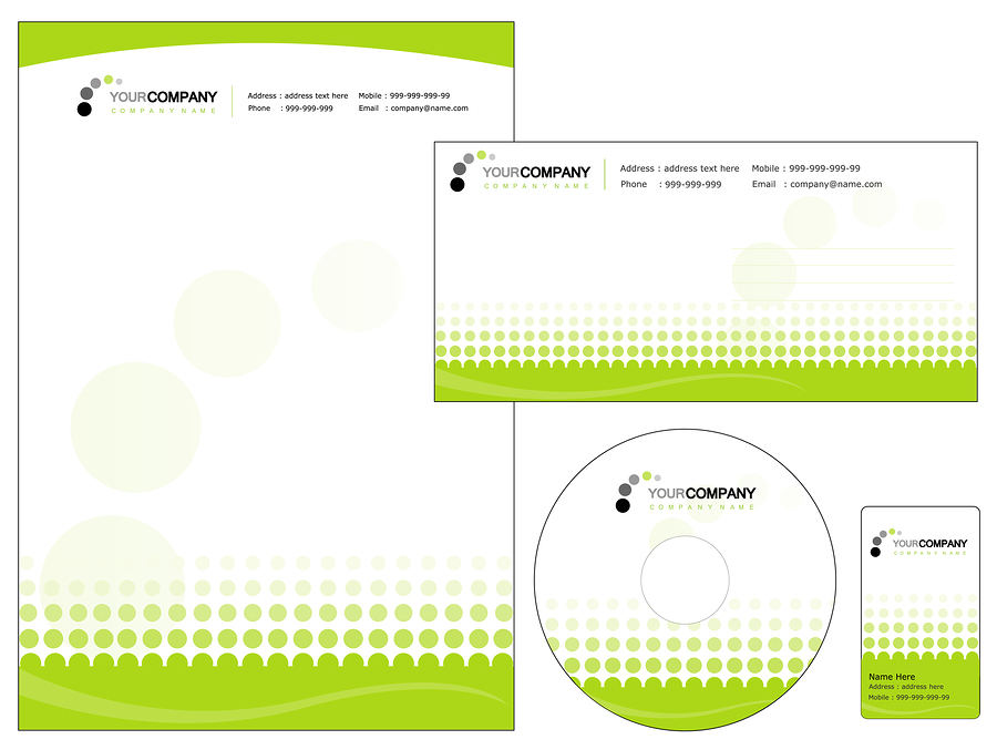 Stationery set: letterhead, envelope, CD, and business card with green accents and logo.