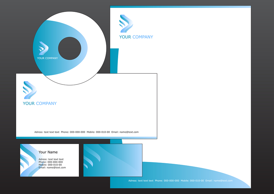 Corporate branding kit: CD, letterhead, envelope, business card, blue and white design with company logo.
