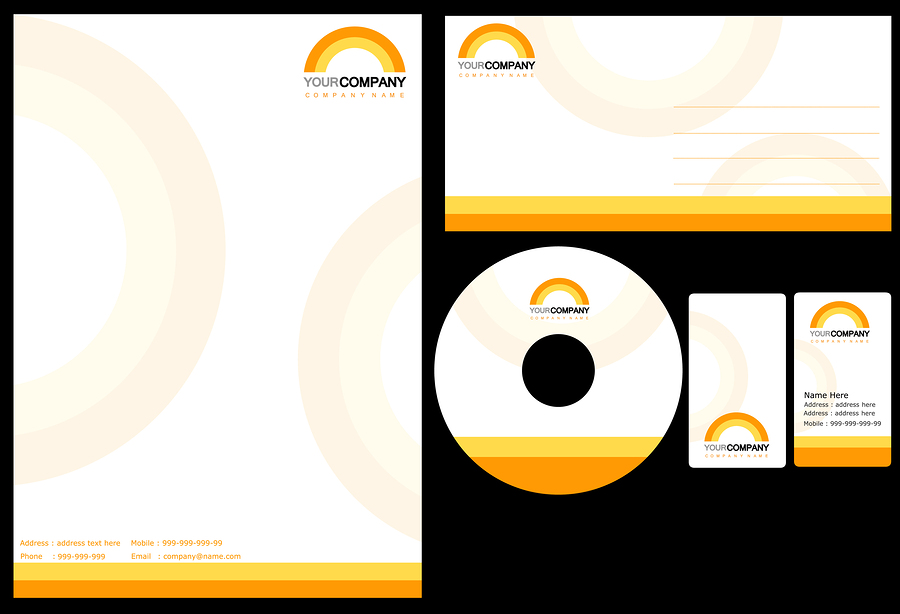 Corporate identity stationery set with orange and yellow sunburst design: letterhead, envelope, CD, and business card.