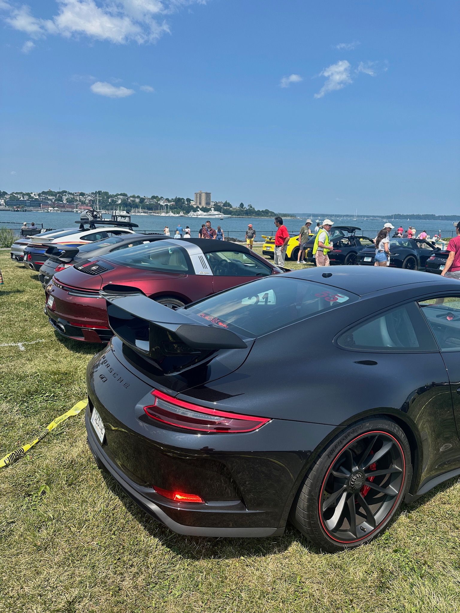 A row of cars are parked in a grassy field next to a body of water.