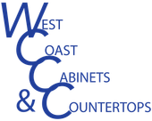 A blue logo for west coast cabinets and countertops