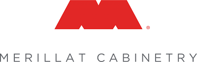 The merillat cabinetry logo is a red m on a white background.