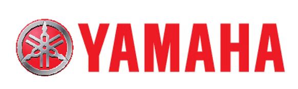 Yamaha logo: Red text and emblem with a silver tuning fork design on a red background.