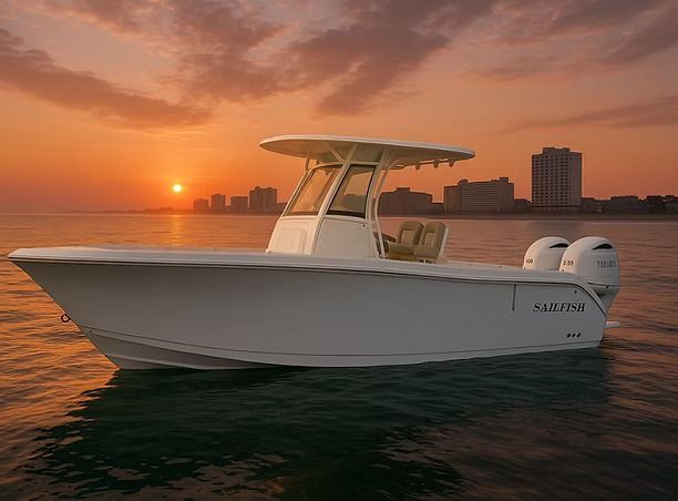 White boat in ocean at sunset with city skyline in the background.