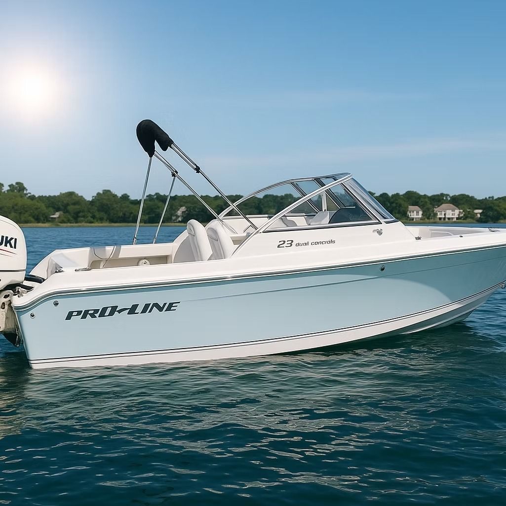 White Pro-Line boat on a calm blue lake with a clear sky and shoreline.