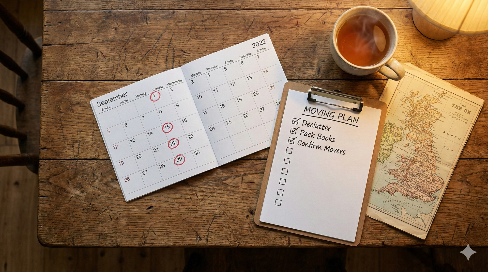 Calendar, to-do list, map, and tea cup on a rustic wooden table.