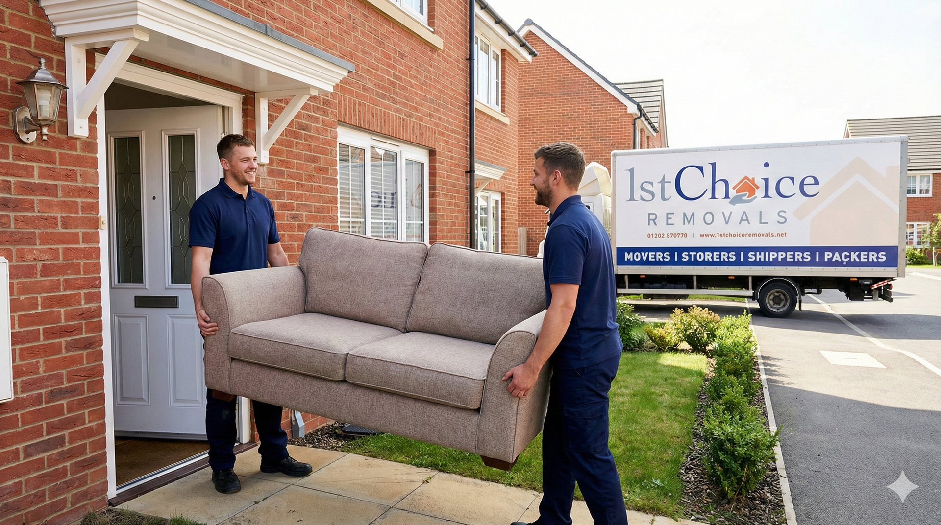 Two movers carrying a sofa out of a brick house; a moving truck is in the background.