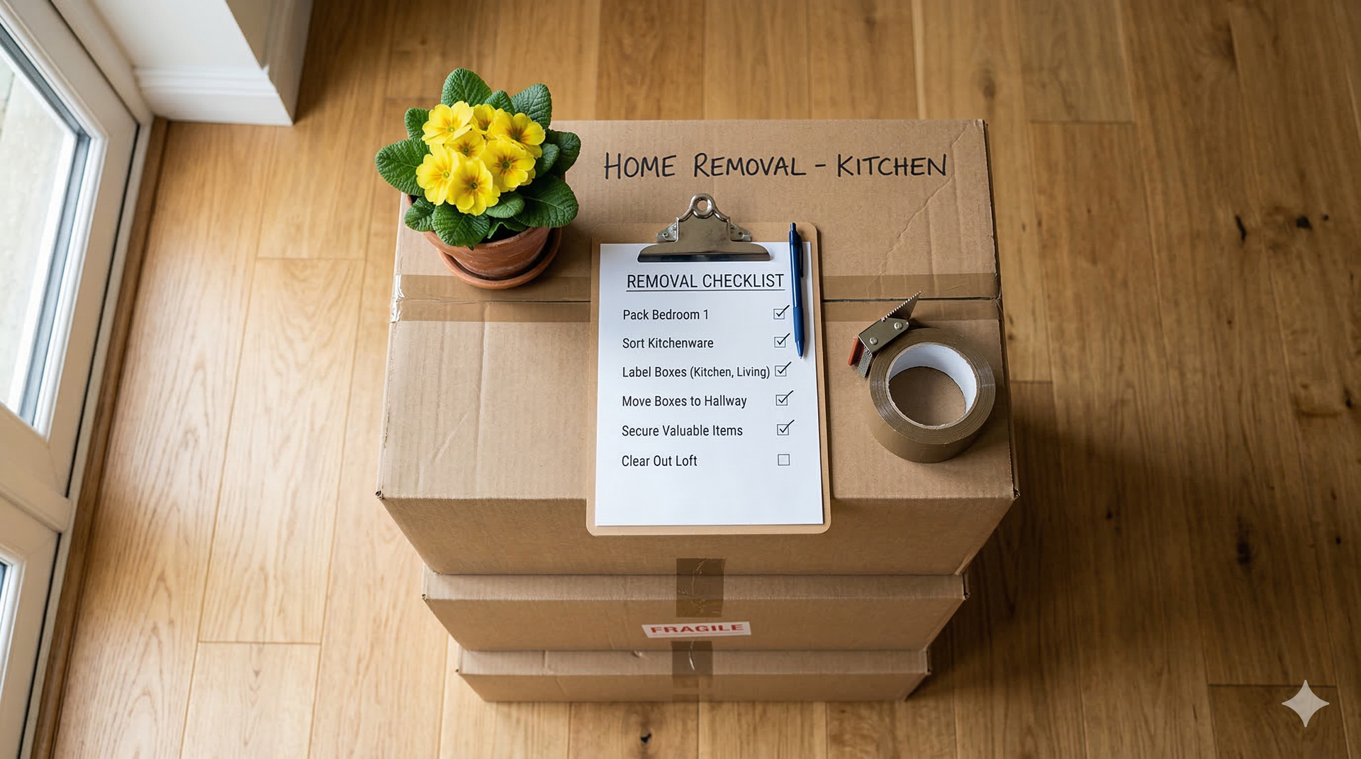 A stacked cardboard box labeled 