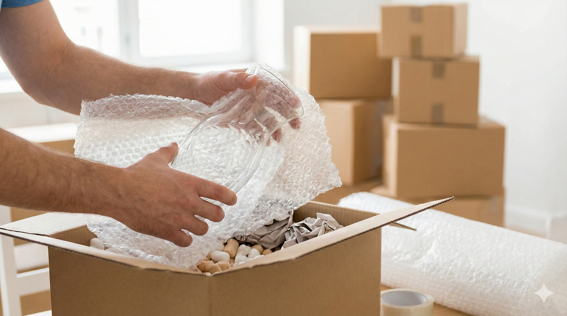 Person wrapping a glass bowl in bubble wrap inside a cardboard box, with more boxes in the background.