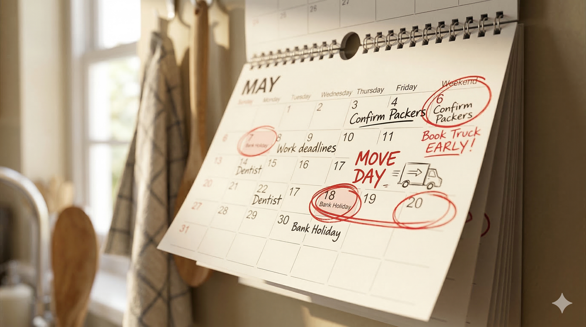 A wall calendar for May features handwritten notes, including 