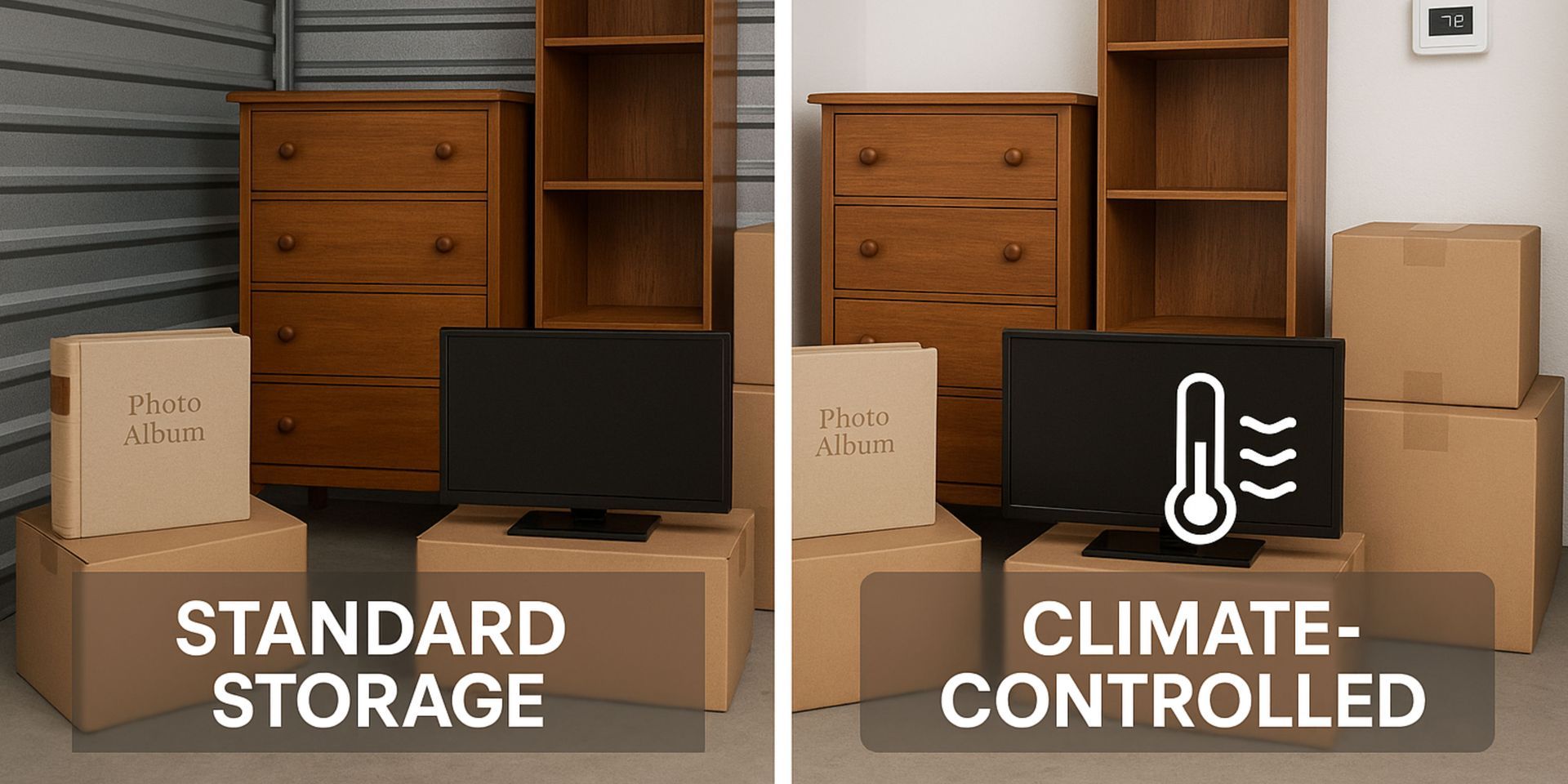 A picture of a standard storage and a picture of a climate controlled storage.
