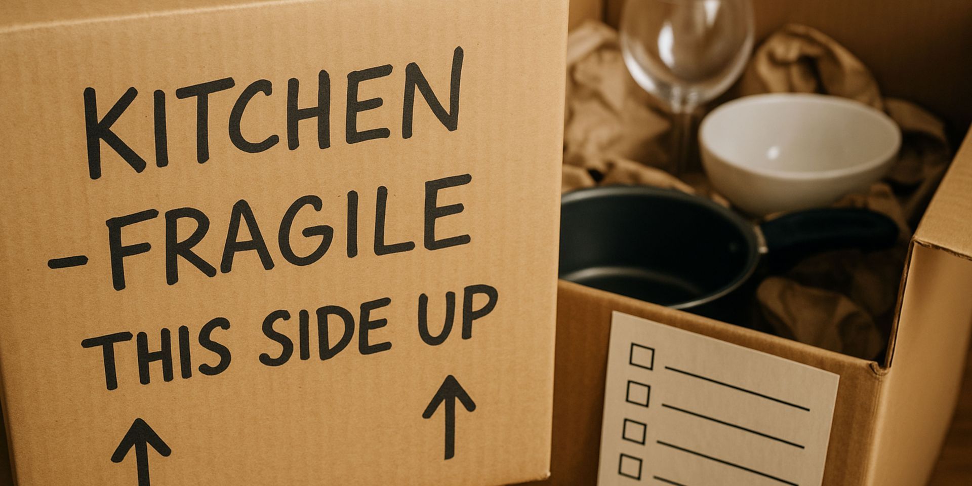 A cardboard box with a sign on it that says `` kitchen - fragile this side up ''.
