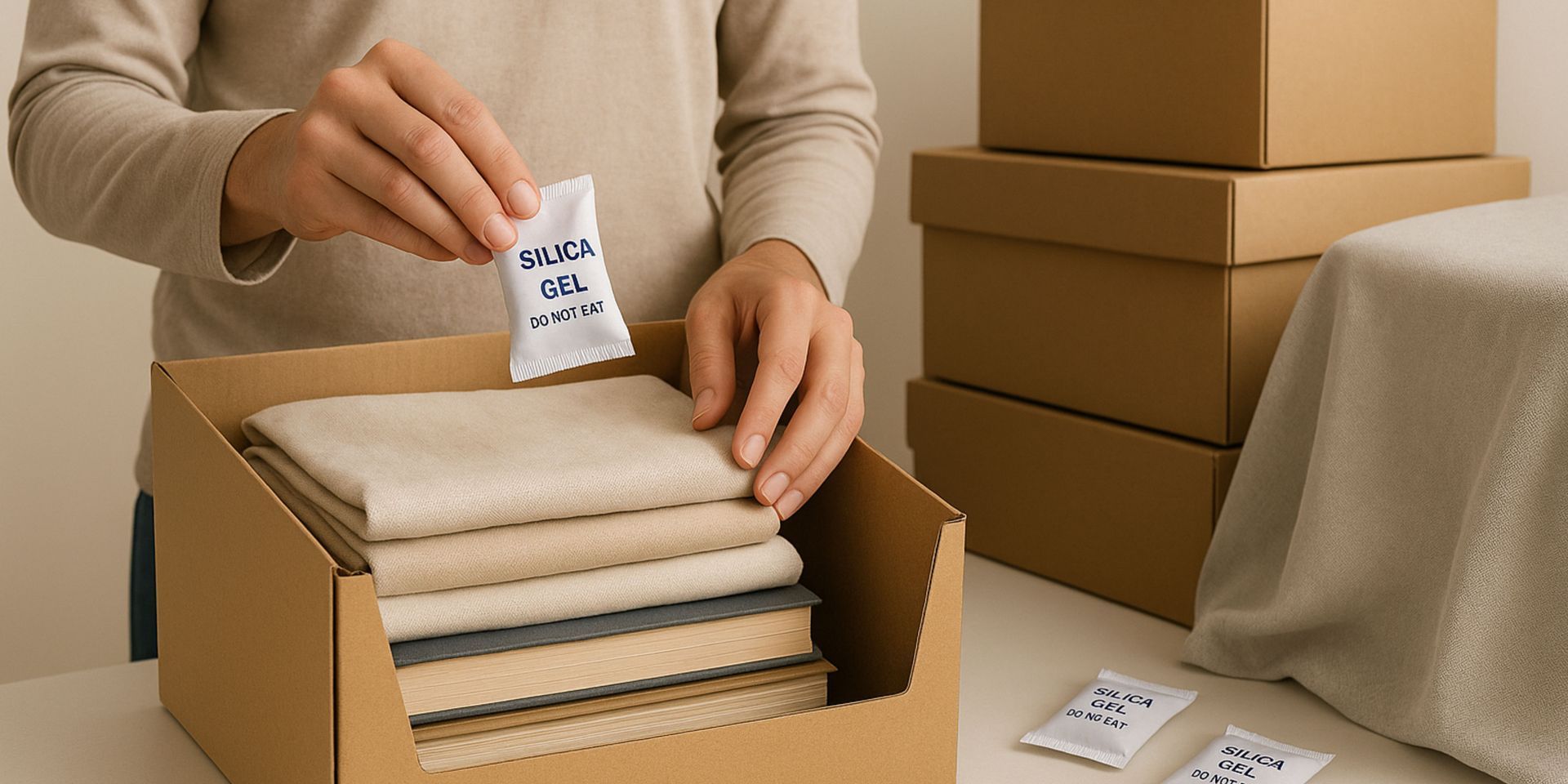 A person is putting a bag of silica gel into a cardboard box filled with clothes.