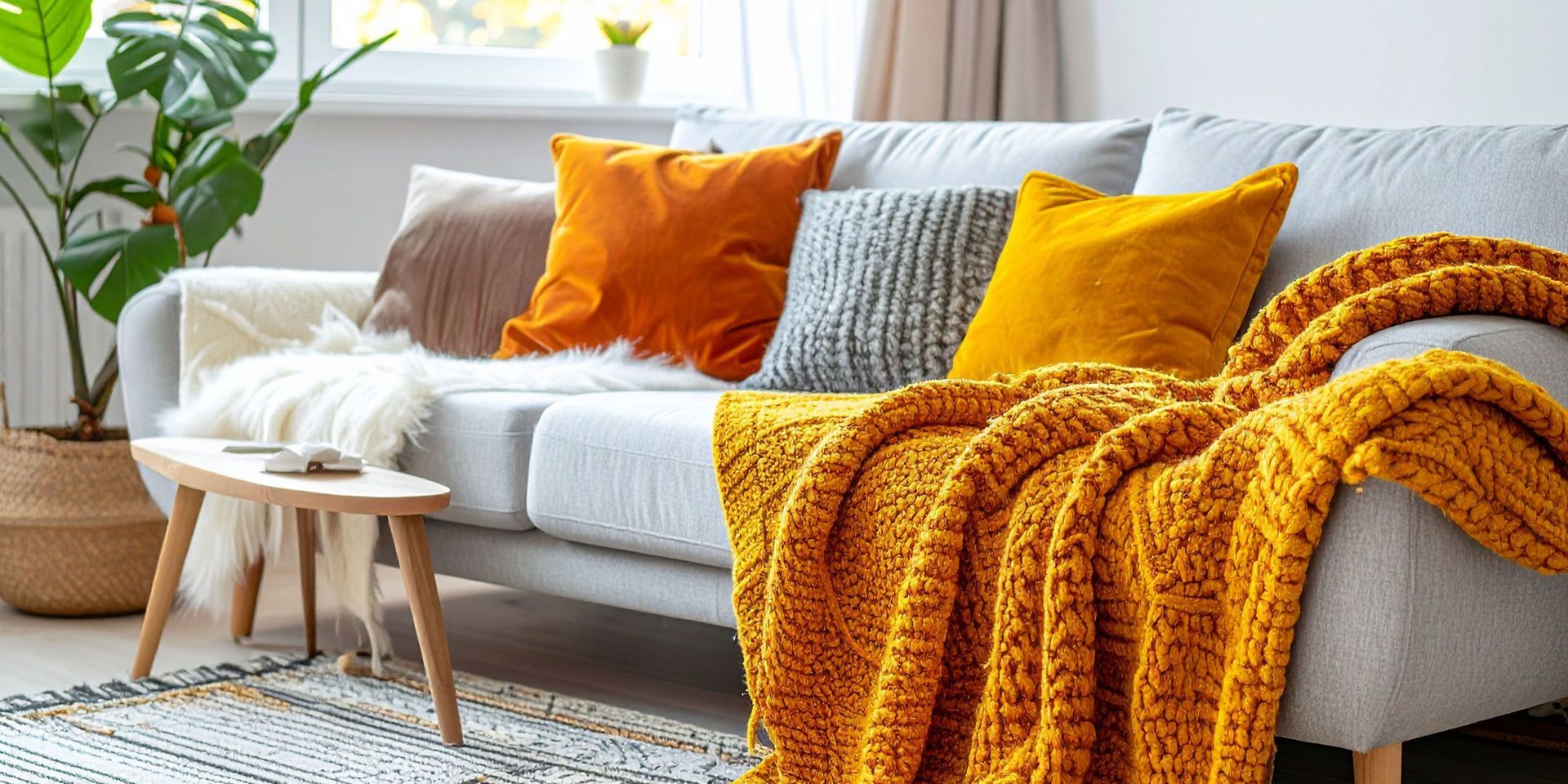 A cozy living room with a gray sofa adorned with colorful pillows and a mustard yellow knit blanket.