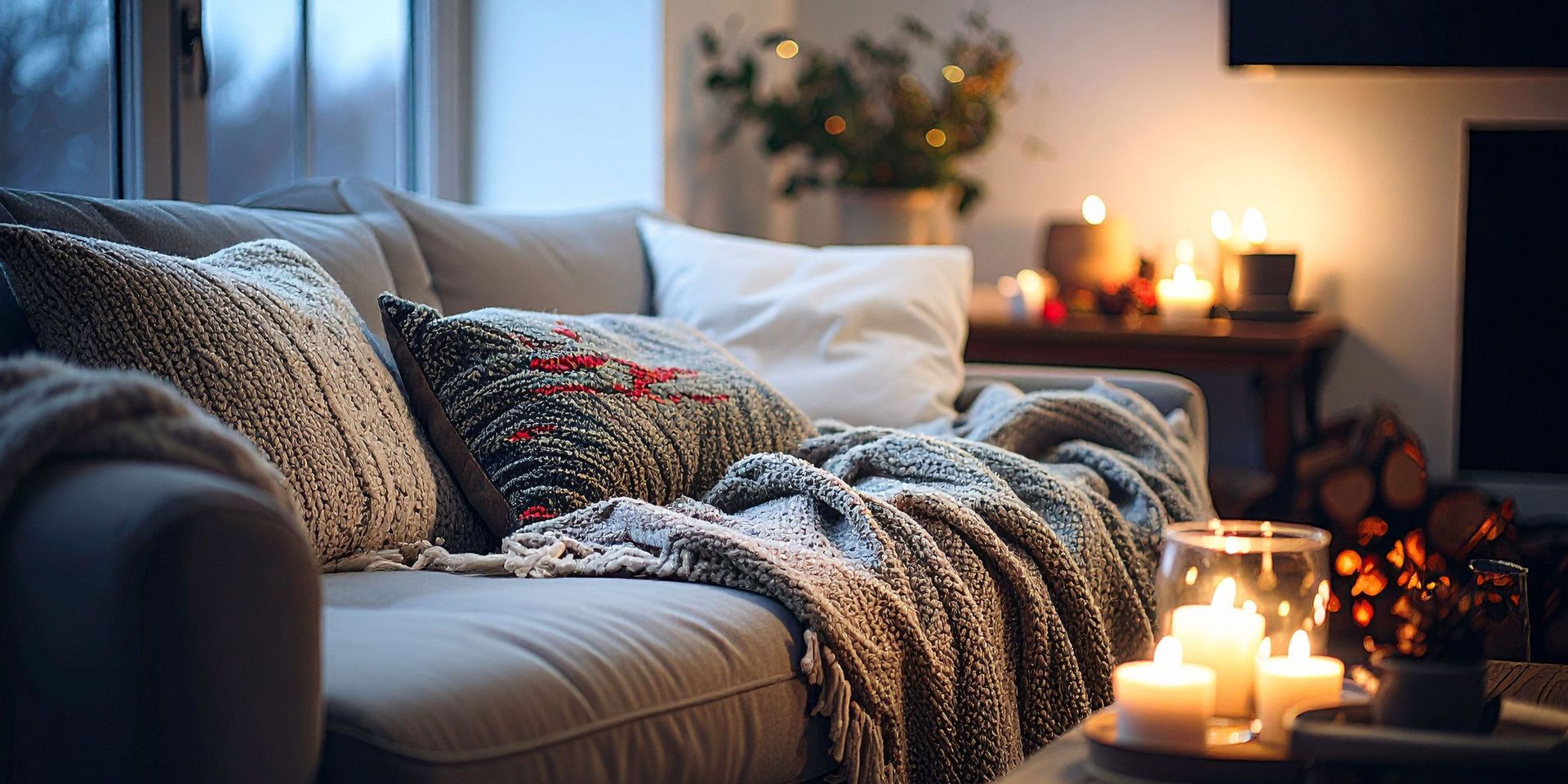 Cozy living room with lit candles, sofa, knitted blanket, and pillows.