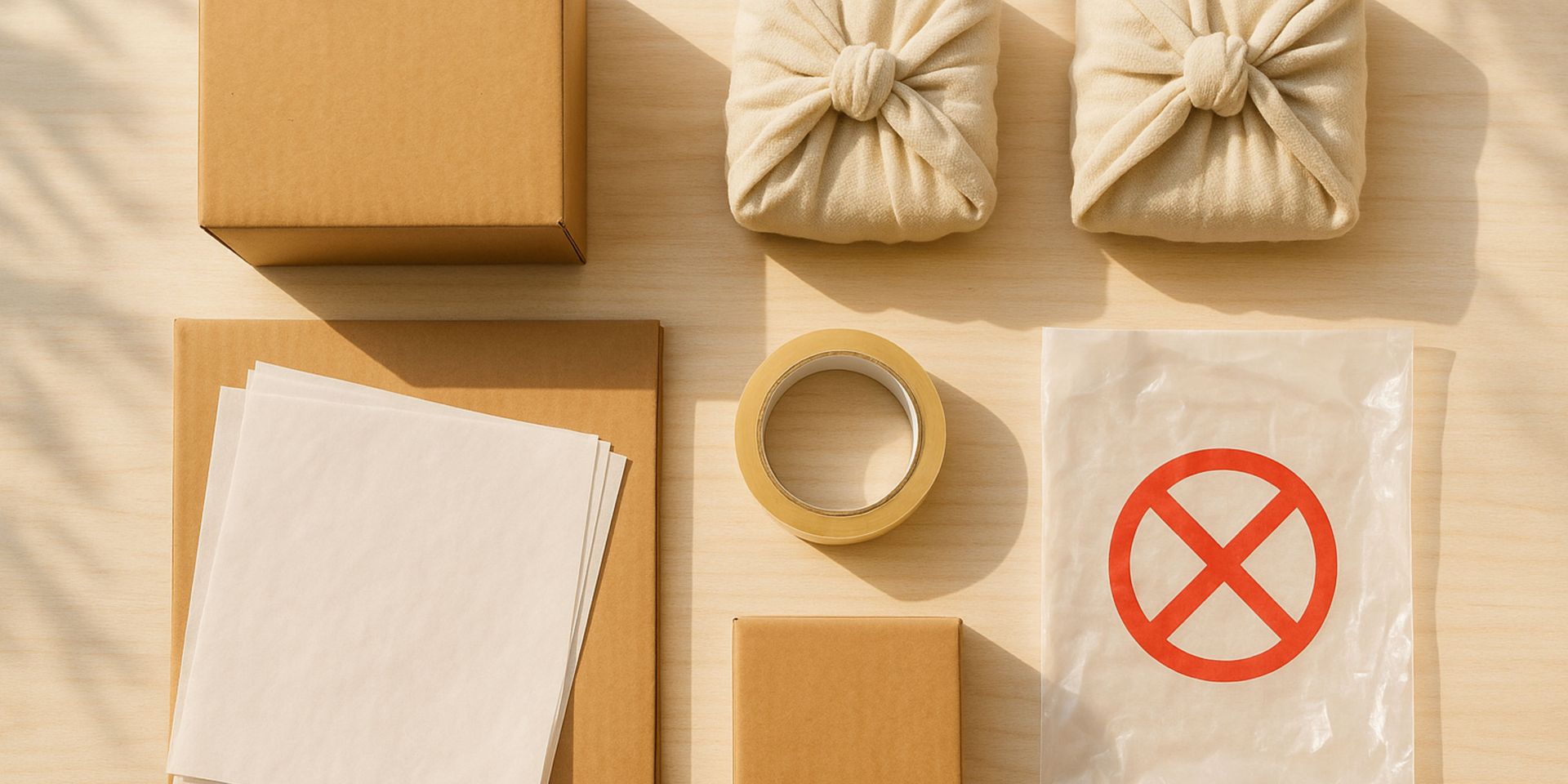 A wooden table topped with boxes , tape , and a plastic bag.