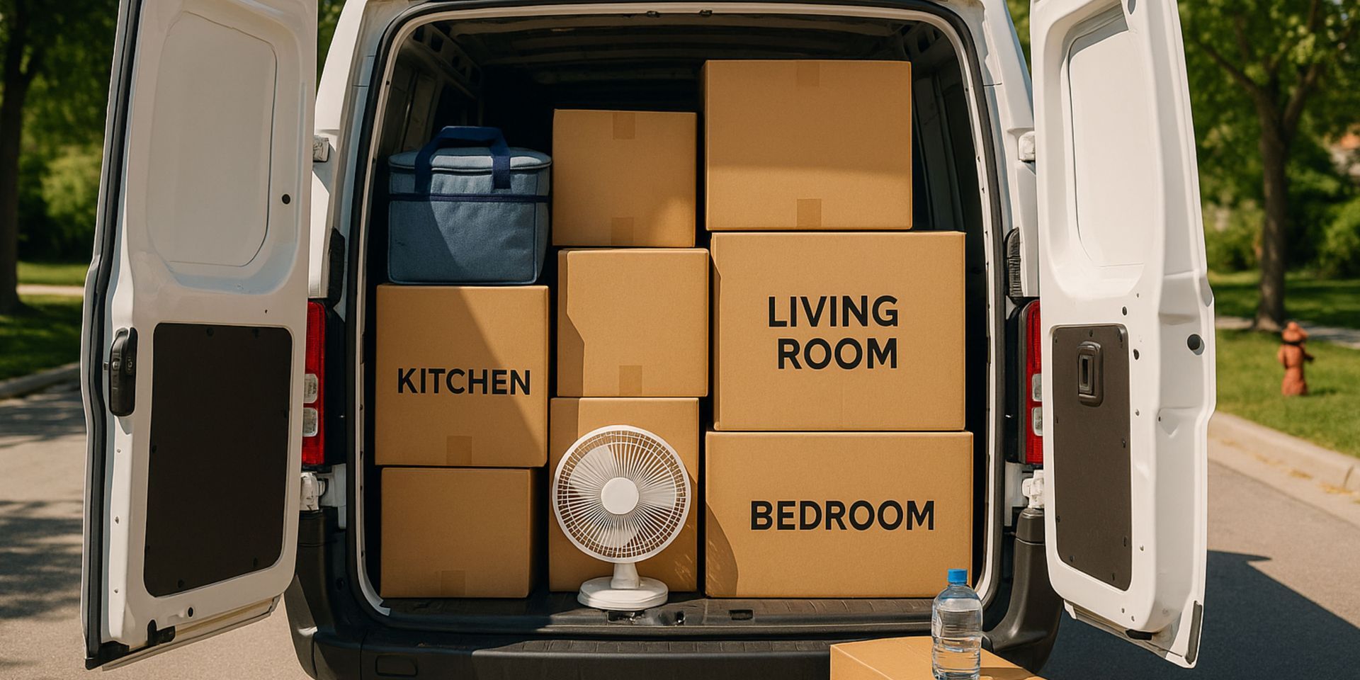 A white van is filled with boxes and a fan.