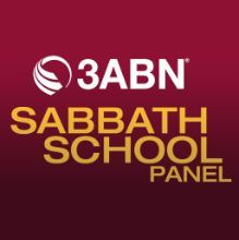 The sabbath school panel logo is on a red background.