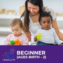 A woman is holding two babies and playing with toys.