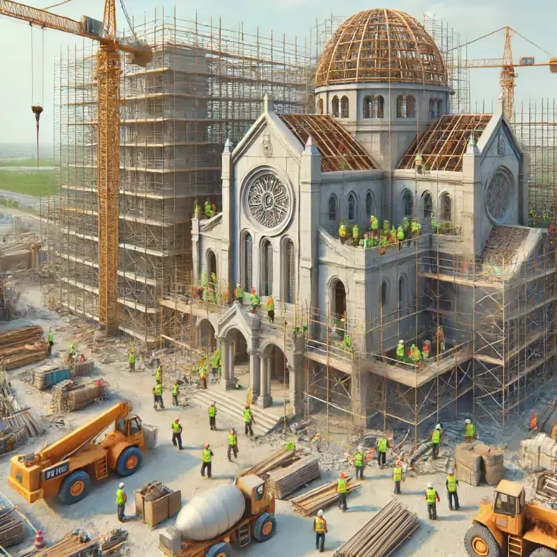 An aerial view of a large building under construction