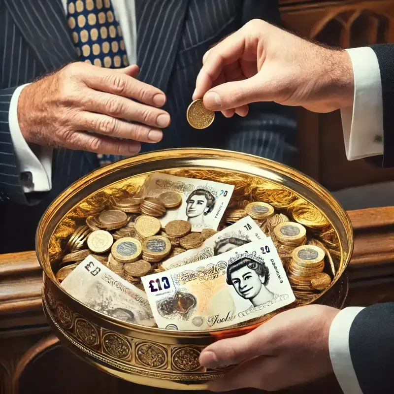 A man in a suit is putting a coin into a bowl of money