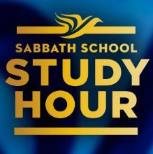 The sabbath school study hour logo is on a blue background.