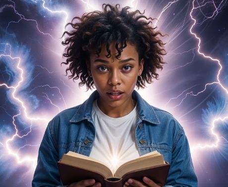 A woman is reading a book with lightning behind her.