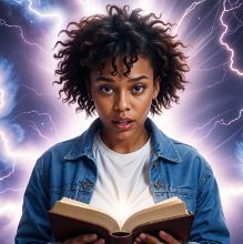 A woman is holding an open book with lightning in the background.