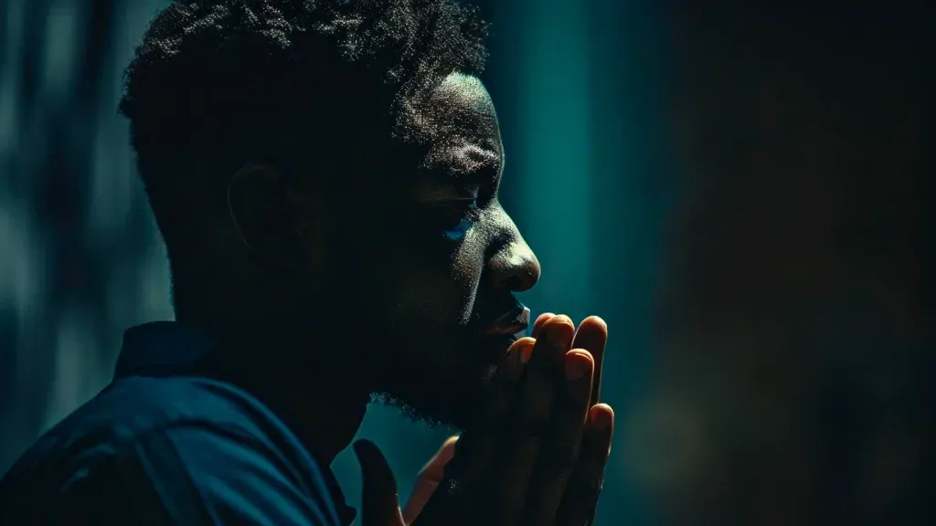 A man is praying with his hands folded in a dark room.