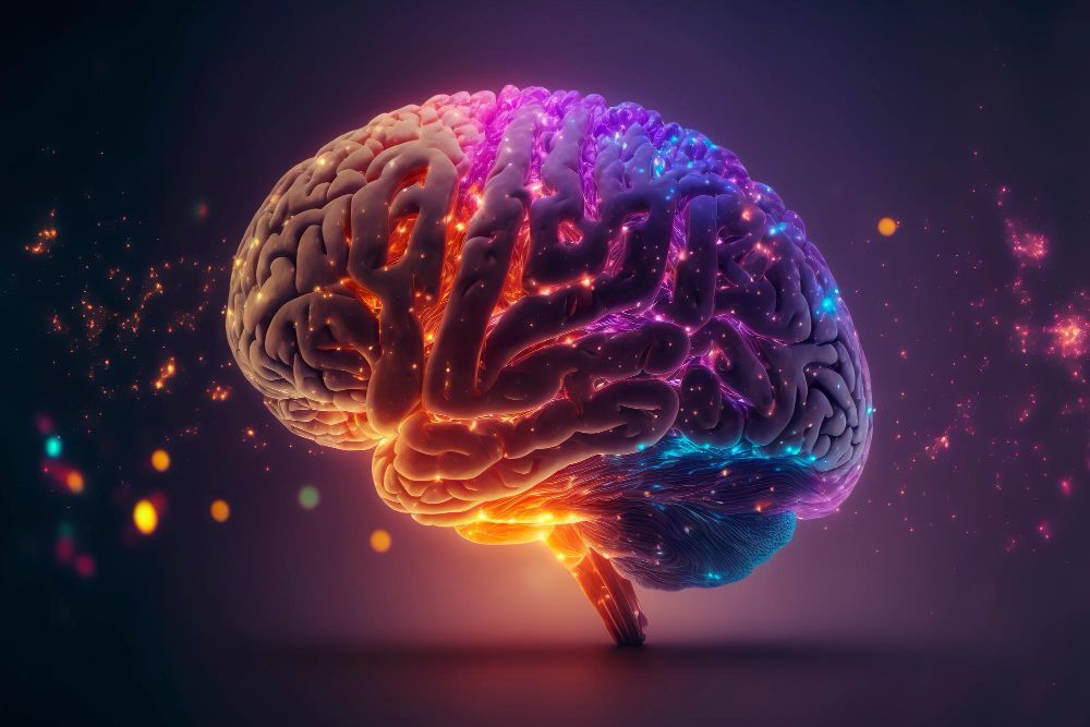 A colorful brain is surrounded by glowing dots on a dark background.