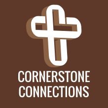A logo for cornerstone connections with a cross on a brown background.