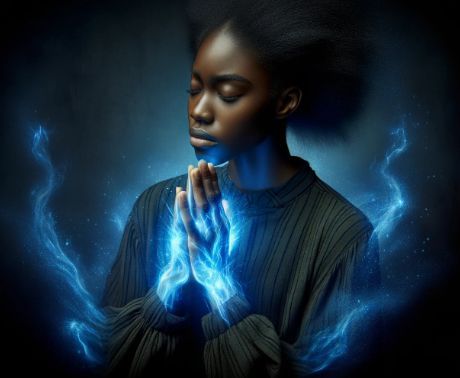 A woman is praying with her hands folded and surrounded by blue light.