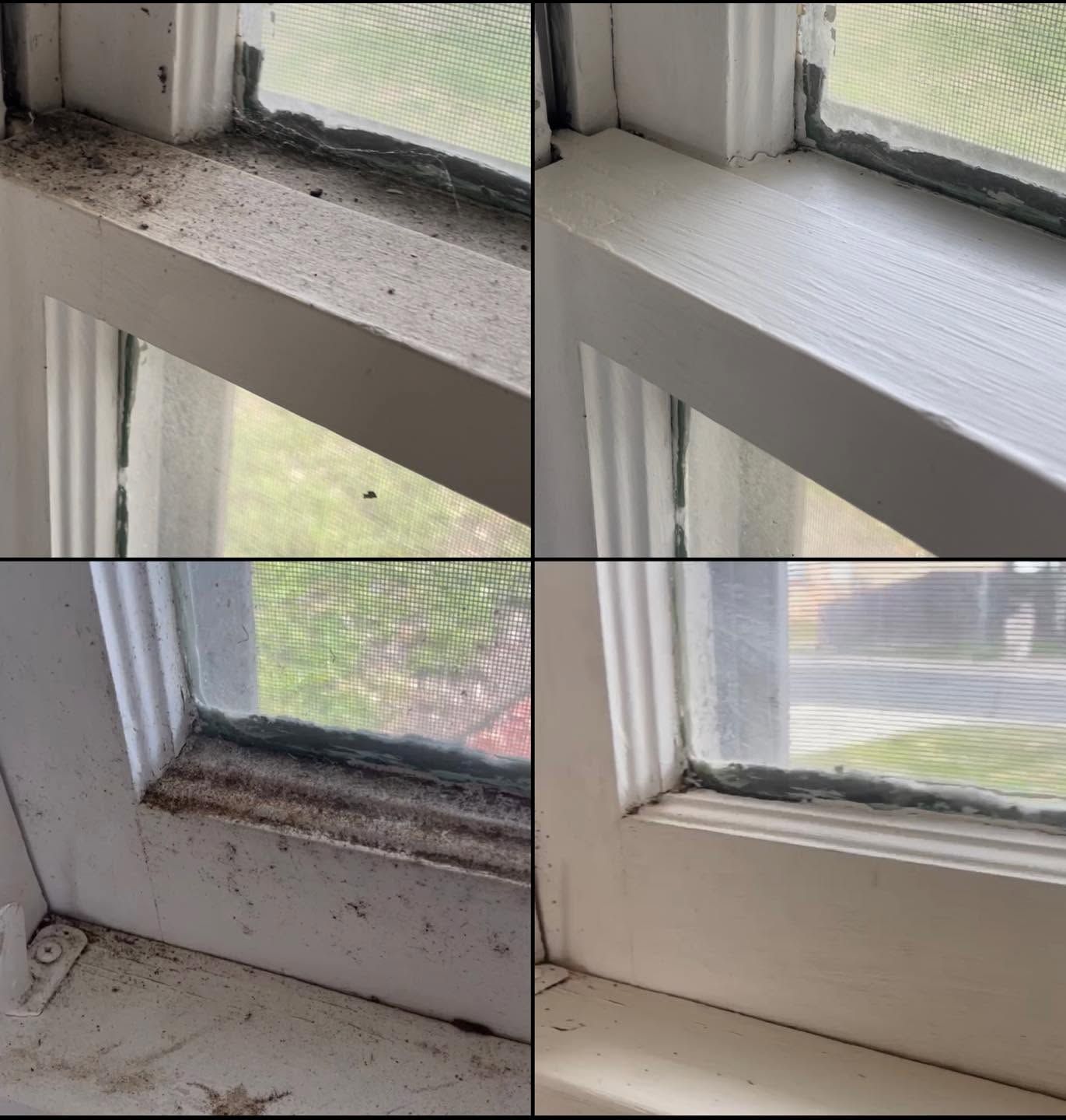 Dirty and cleaned white window sill with close-up of dusty corners and trim.
