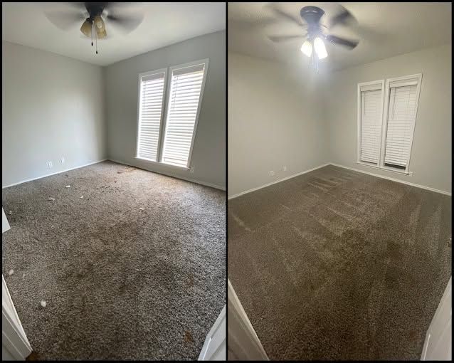 Before-and-after split view of a bedroom with new carpet on the left and old carpet on the right.