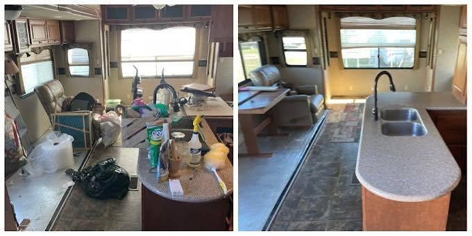 RV interior with a kitchen area and sink, shown before and after cleaning