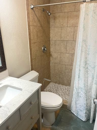 Small bathroom with toilet, vanity, shower stall, and white curtain.