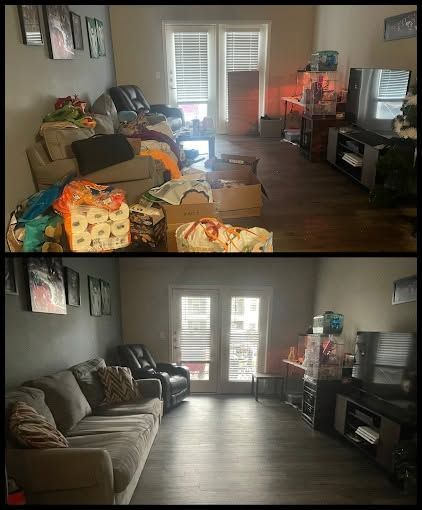 Before-and-after living room: cluttered in front, then tidy with sofa, TV, and sunlight through French doors.
