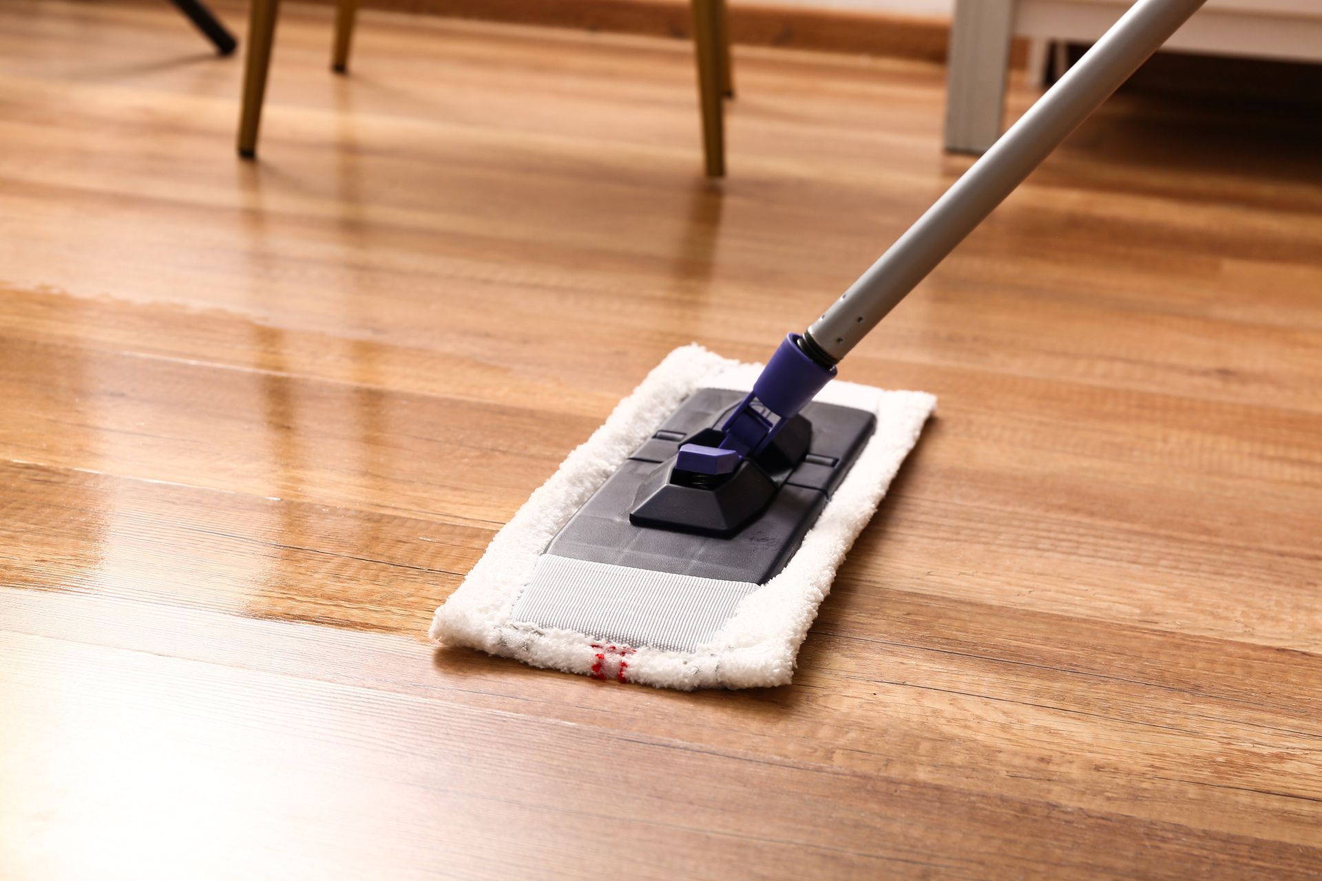 Mop cleaning a shiny wooden floor in a bright room