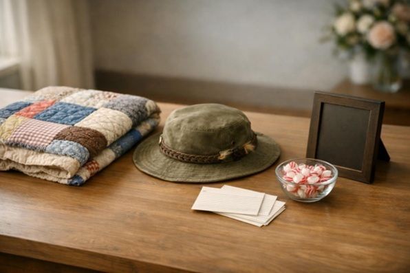 Quiet memory table with a quilt, fishing hat, recipe cards, and peppermints in a Farmers Branch fune