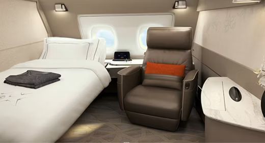 Singapore Airlines First & Business Class suite – double bed and sofa, bookable from the UK with xLuxuryFlights.com