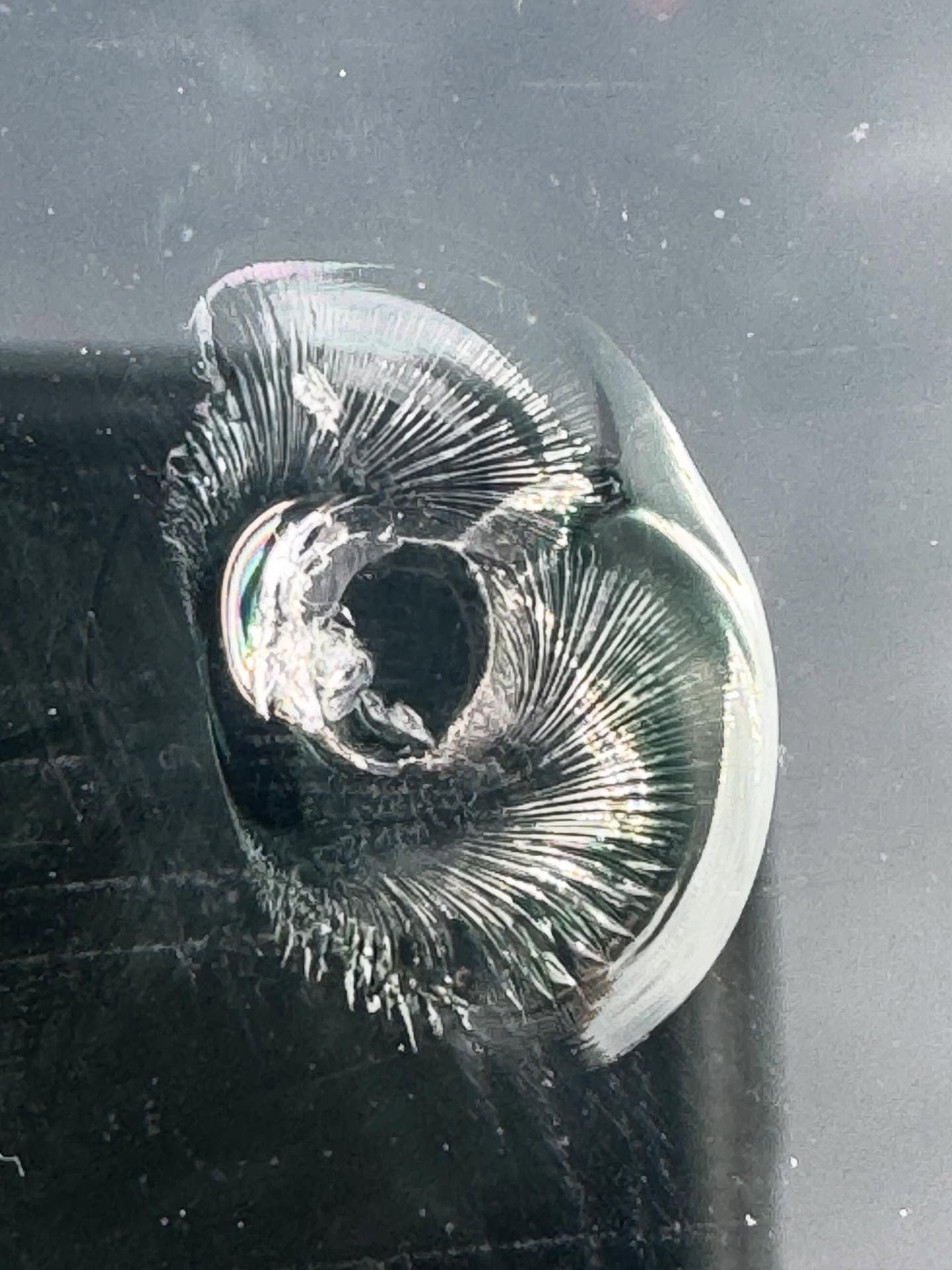 A close-up of a circular impact fracture on a windshield, featuring white, radiating stress cracks around a dark center.