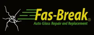 Logo for Fas-Break Auto Glass Repair and Replacement featuring a white spiderweb crack graphic on a black background.