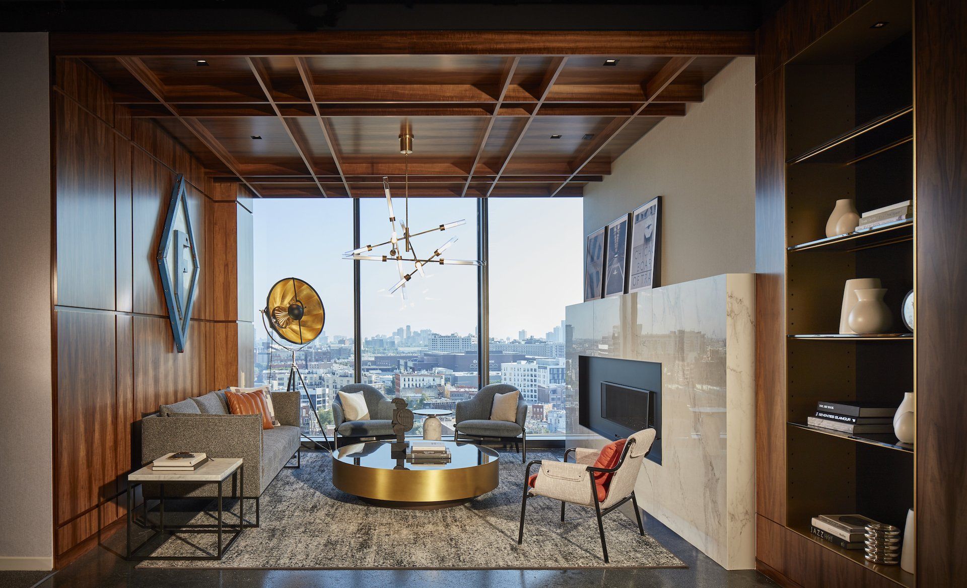 A living room filled with furniture and a fireplace.